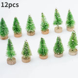 ミニ人工クリスマスツリー・12個パック・木製ベース付き・DIYクラフトやホリデーホームデコレーションに最適な卓上ボトルブラシツリー