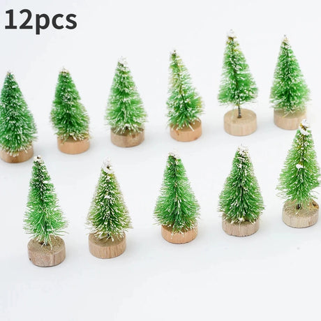 ミニ人工クリスマスツリー・12個パック・木製ベース付き・DIYクラフトやホリデーホームデコレーションに最適な卓上ボトルブラシツリー