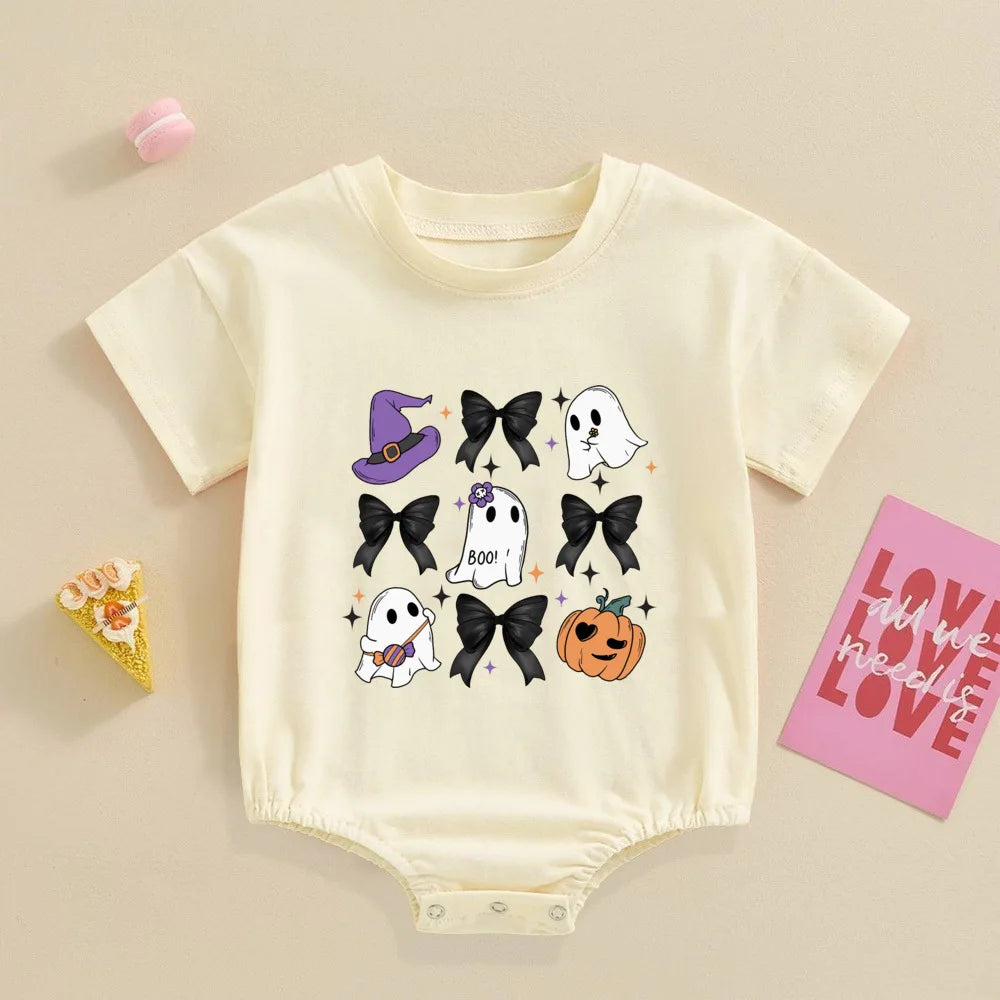 イベント・ハロウィングッズ｜ゴースト柄プリント半袖ロンパース（6〜24ヶ月）