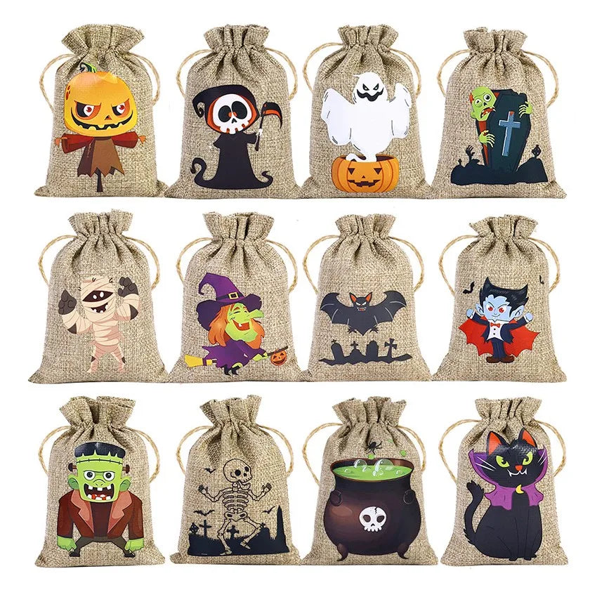 イベント・ハロウィングッズ｜ハロウィン柄リネン巾着キャンディバッグセット