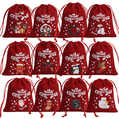 イベント・クリスマス装飾｜クリスマス柄ベルベット巾着バッグセット(12個)