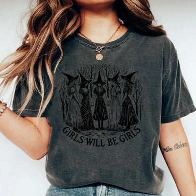 【イベント・ハロウィングッズ】レディース  ハロウィンヴィンテージ魔女柄 Tシャツ（S～3XL）｜誉PRINTING