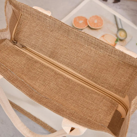 |ノベルティ用品 |リネン風マチ幅広ファスナー付きバック | 32×22c