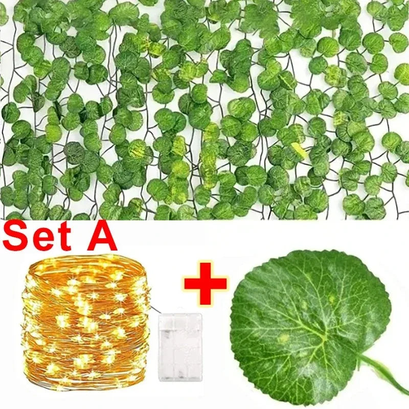 人工植物・グリーンアイビーリーフ・フェアリーライトガーランド・シルク製