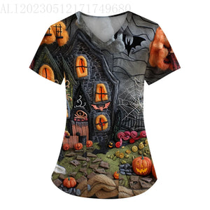 イベント・ハロウィングッズ｜ハロウィン総柄プリントVネックTシャツ（S～5XL）