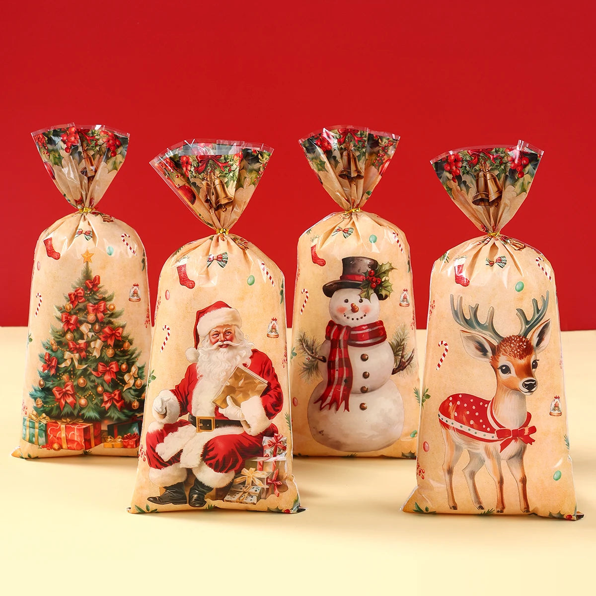 イベント・クリスマス装飾｜レトロなクリスマス柄 ビニール製 ギフトバッグ