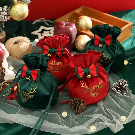 イベント・クリスマス装飾｜クリスマス用 巾着型ギフトバッグ  (赤/緑)