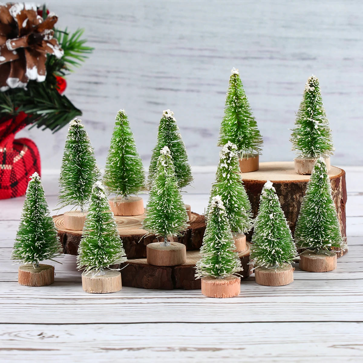 人工ミニ木製クリスマスツリー・ブルーグリーン・ホワイトゴールドタワー・パイン