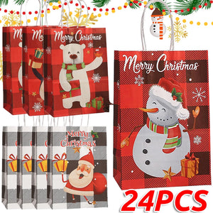 イベント・クリスマス装飾｜紙製サンタ＆雪だるま柄ギフトバッグ(1枚～24枚入)