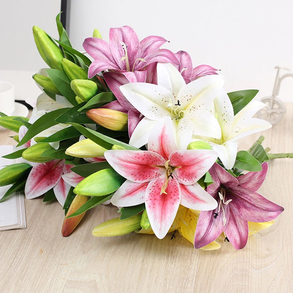 本物そっくりの3Dプリントユリの枝造花・白いフェイクフラワー・結婚式・家庭