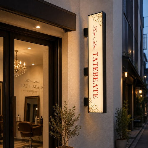 縦長LED突出し看板の設置イメージ｜ヘアサロンの外壁に設置した店舗用サイン｜誉PRINTING