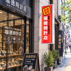 縦長LED突出し看板の設置イメージ｜高級腕時計買取店の外壁に設置した店舗用サイン｜誉PRINTING