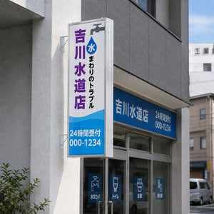 縦長LED突出し看板の設置イメージ｜水道修理店の外壁に設置したシルバーフレーム店舗用サイン｜誉PRINTING