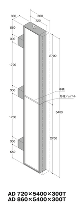 AD720・AD860 自立式大型LED看板 H5400 中桟・形材ジョイント・本体寸法図