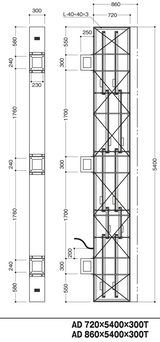 AD720・AD860 ビル用アルミ突出看板 H5400 内部フレーム・ブラケット配置・本体寸法図