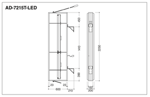 縦型LED突出看板 AD-7215T-LED W600×H2250 外形寸法・取付寸法図