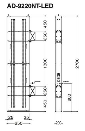 縦型LED突出看板 AD-9220NT-LED W650×H2700 外形寸法・取付寸法図