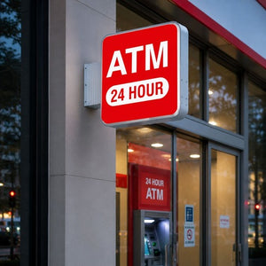 角丸型LED突出し看板の設置イメージ｜ATM店舗入口に設置した24時間案内サイン｜誉PRINTING