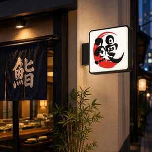 角型LED突出し看板の設置イメージ｜寿司店の外壁に設置した店舗用サイン｜誉PRINTING