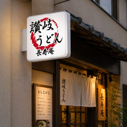 角型LED突出し看板の設置イメージ｜うどん店の外壁に設置した店舗用サイン｜誉PRINTING