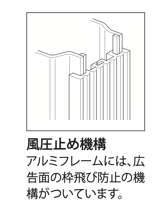 アルミLED突出看板 ADR-9215T-LED 広告面の枠飛び防止用風圧止め機構