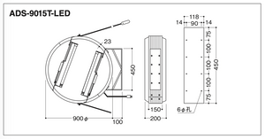 丸型片面LED突出看板 ads-9015kt-led-3 φ900 外形寸法・取付寸法図