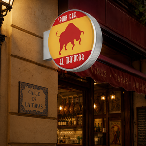 丸型LED突出し看板の設置イメージ｜スペインバルの外壁に設置した店舗用サイン｜誉PRINTING