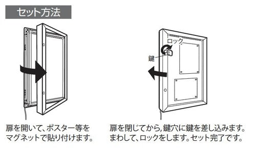 屋外用LED壁面掲示板FB6627の扉を開き、ポスターをマグネットで固定して施錠するセット方法｜誉PRINTING