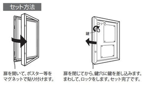 屋外用LED壁面掲示板FB6627の扉を開き、ポスターをマグネットで固定して施錠するセット方法｜誉PRINTING