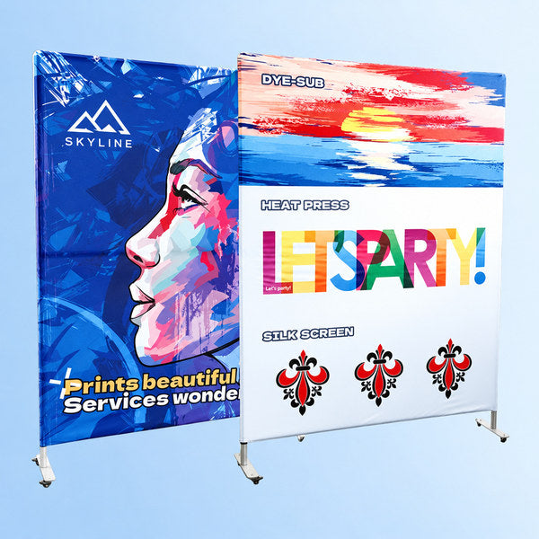 BLOアルミ ディスプレイスタンド 140×200cm 両面パネル設置例｜誉PRINTING