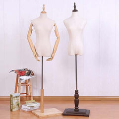 リネン素材使用の女性ハーフボディマネキン 木製可動アームで自由なディスプレイに対応