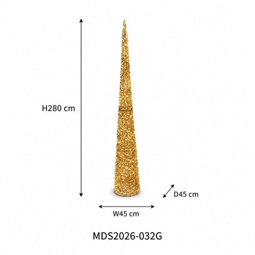 LEDコーン型クリスマスツリーオブジェ 280cm ゴールド装飾 サイズ・寸法画像｜誉PRINTING