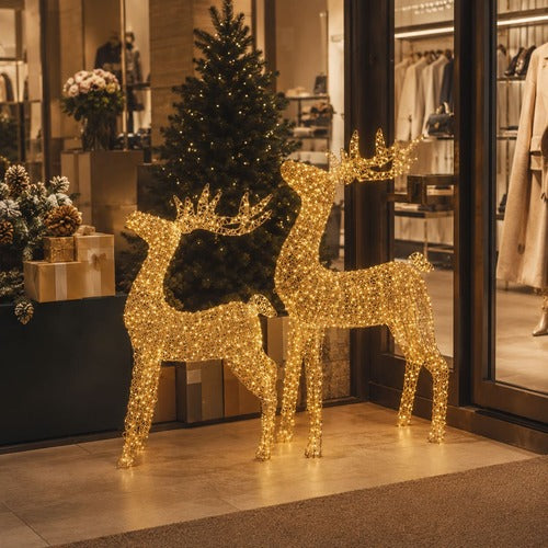 LEDトナカイオブジェ 120cm・140cm ゴールド装飾 店舗前のクリスマス設置イメージ｜誉PRINTING