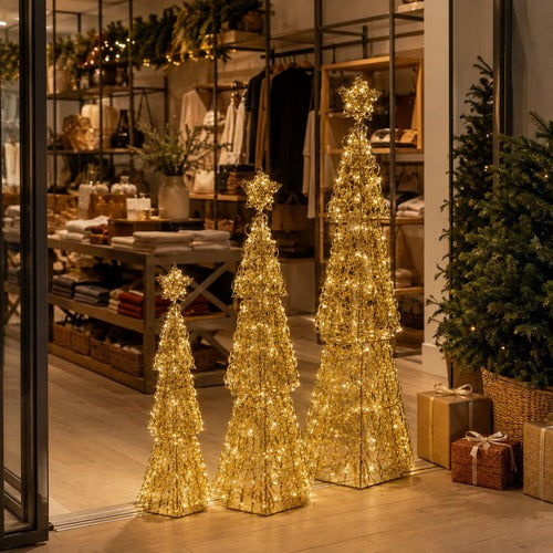LEDクリスマスツリーオブジェ 80cm・122cm・152cm 星付き ゴールド装飾 店舗入口のクリスマス設置イメージ｜誉PRINTING