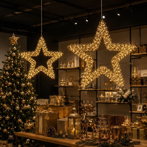 吊り下げ中抜き星型LEDデコレーションスター 50cm・100cm ゴールド装飾 店舗内のクリスマス設置イメージ｜誉PRINTING