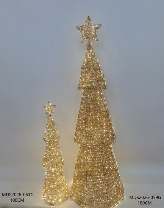 LEDクリスマスツリーオブジェ 100cm・180cm 星付き ゴールド装飾 点灯・サイズ比較画像｜誉PRINTING
