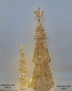 LEDクリスマスツリーオブジェ 100cm・180cm 星付き ゴールド装飾 点灯・サイズ比較画像｜誉PRINTING