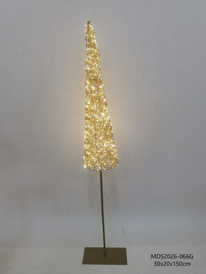 LEDコーン型クリスマスツリーオブジェ スタンドタイプ 150cm ゴールド装飾 点灯商品画像｜誉PRINTING