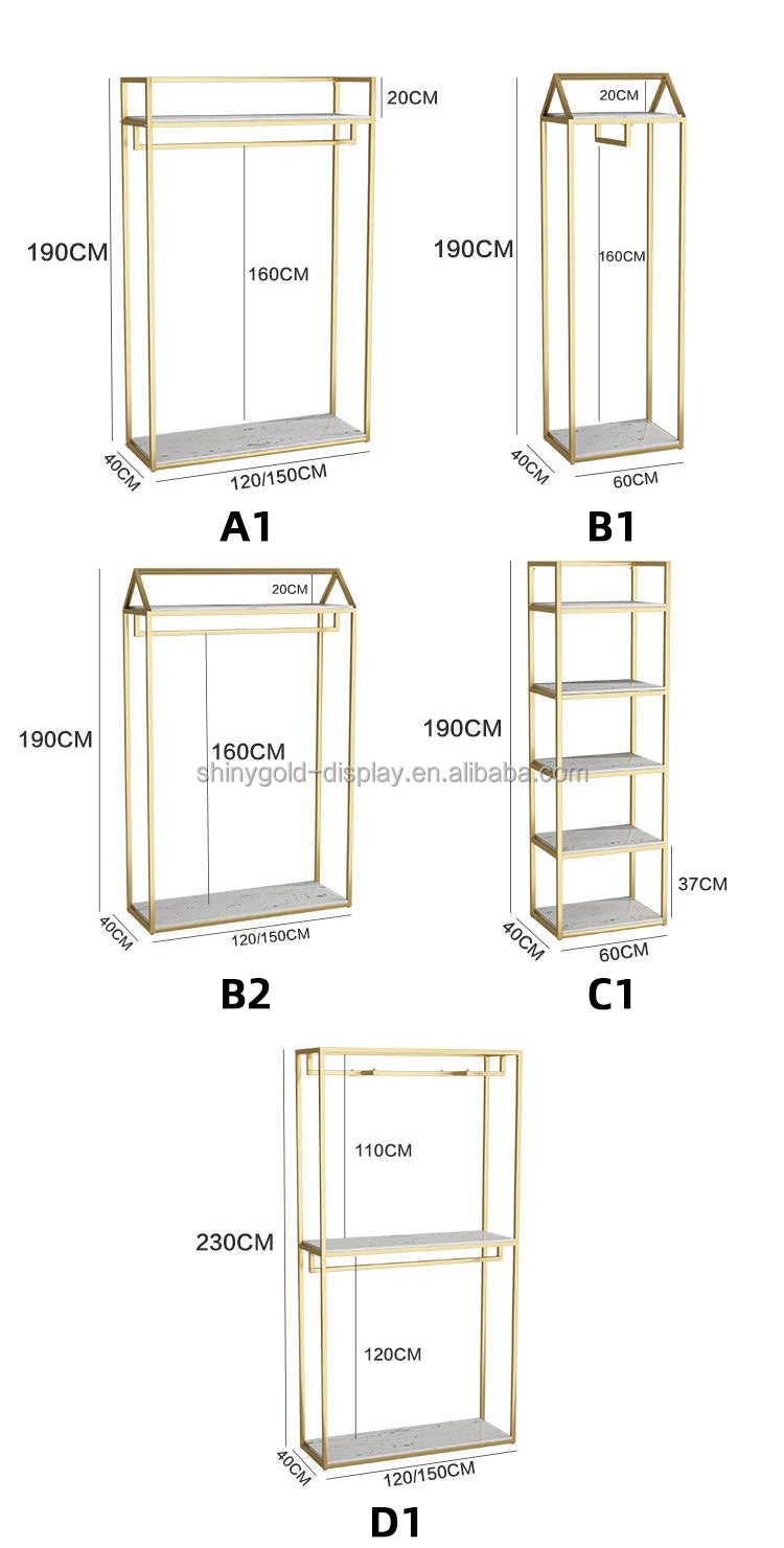 カスタム女性布ディスプレイスタンドステンレス鋼大理石パターンMDF服ラックゴールドメタルブティック服ラック店用