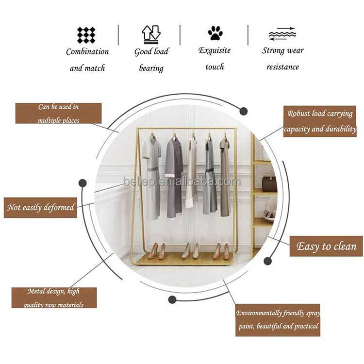 衣料品店のためのゴールドメタルディスプレイラックフロアスタンディングブティック洋服ラック