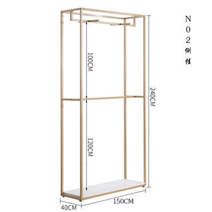 ファッション段ボール小売壁ゴールド衣類ディスプレイラックホイール付き衣料品店用
