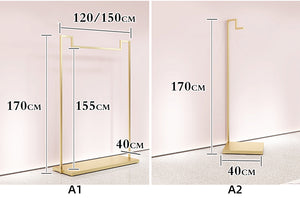 広州高級女性店衣料品店クロームステンレス鋼光沢のあるゴールドブティック家具ディスプレイラック服