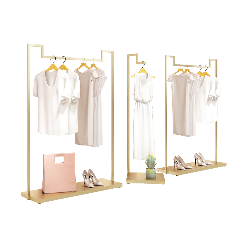広州高級女性店衣料品店クロームステンレス鋼光沢のあるゴールドブティック家具ディスプレイラック服