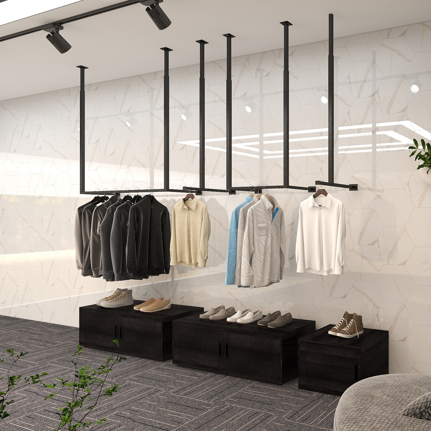 着地スタイルの最高品質のカスタマイズ可能なデザインの衣料品店ディスプレイラック