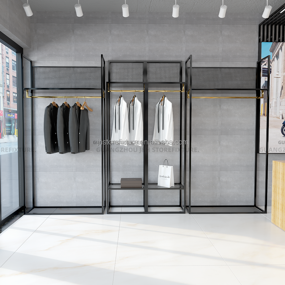 衣料品店の男性用の黒い衣類の靴ラックは、男性用のファッションショップの結婚式のスーツディスプレイスタンドの棚を表示します