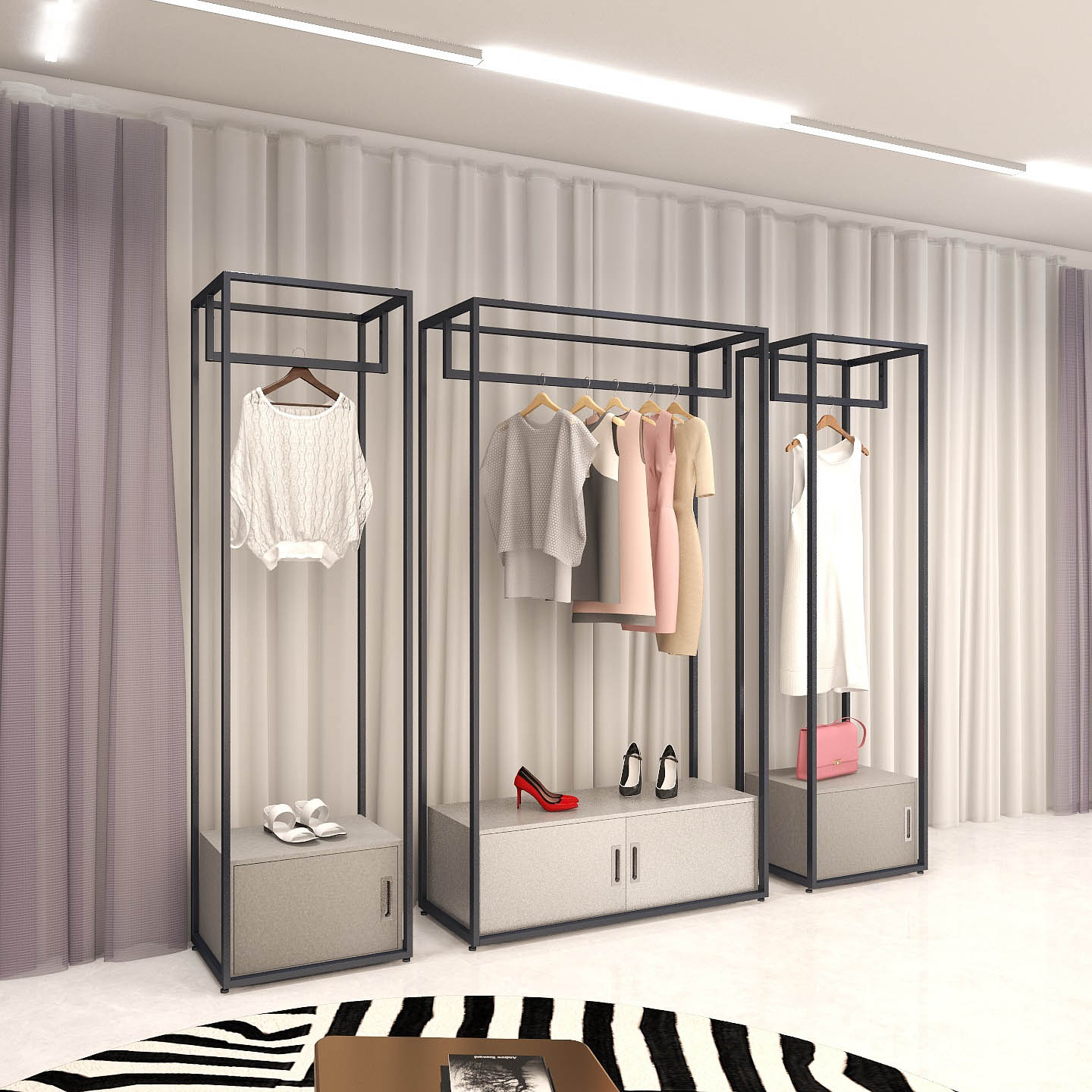 高級グレー2層衣類ラックディスプレイ衣料品店のための新しいフロアの高いキャビネット棚