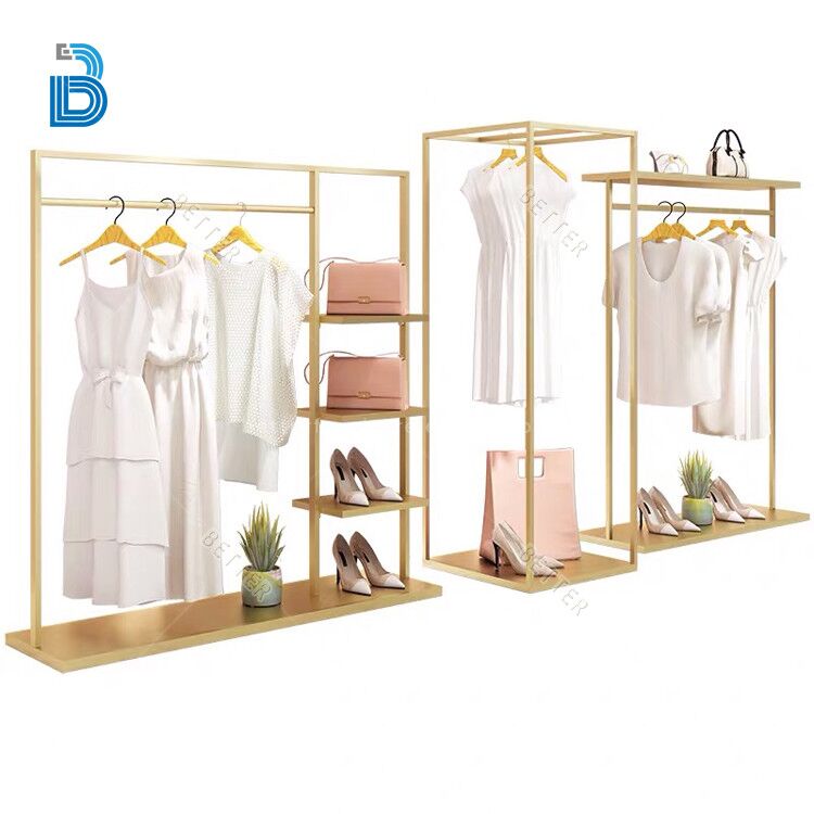 衣料品店ディスプレイラック卸売用ゴールドメタル衣類ラック衣類棚